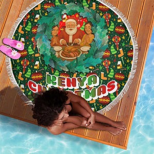 Kenya Christmas Beach Blanket Santa Feast Scene and Festive Wreath Pattern - African Pride