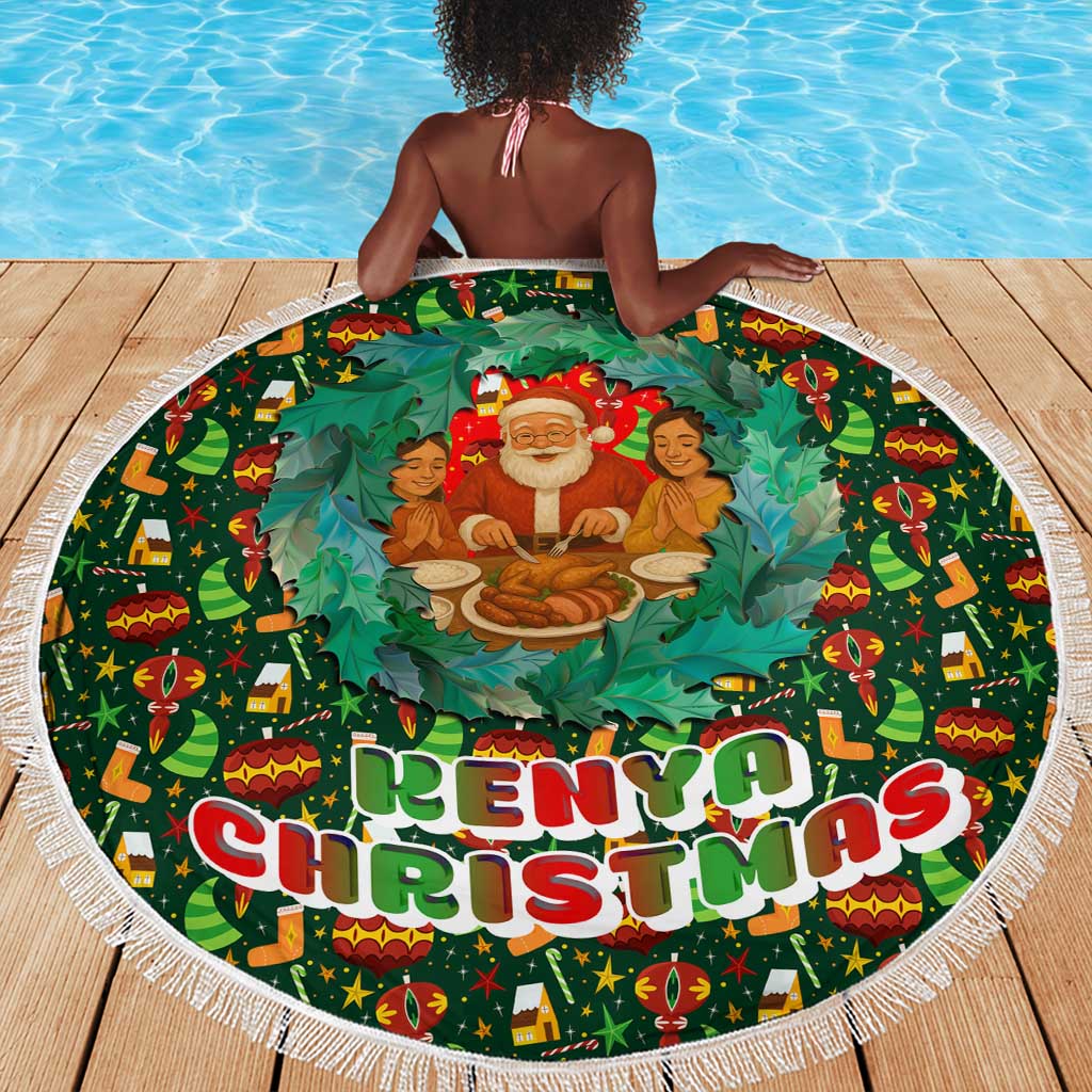 Kenya Christmas Beach Blanket Santa Feast Scene and Festive Wreath Pattern - African Pride