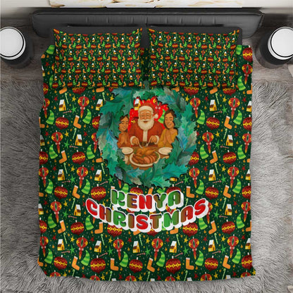 Kenya Christmas Bedding Set Santa Feast Scene and Festive Wreath Pattern - African Pride