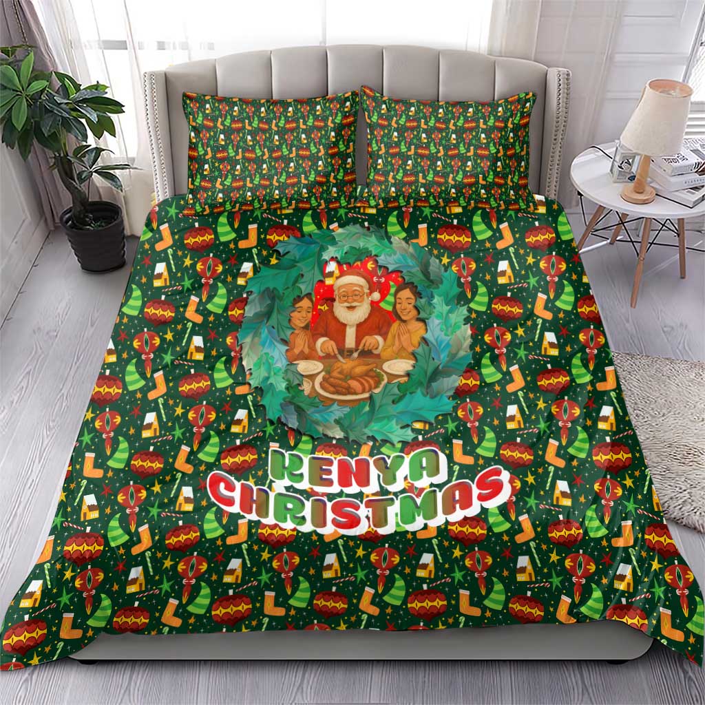 Kenya Christmas Bedding Set Santa Feast Scene and Festive Wreath Pattern - African Pride