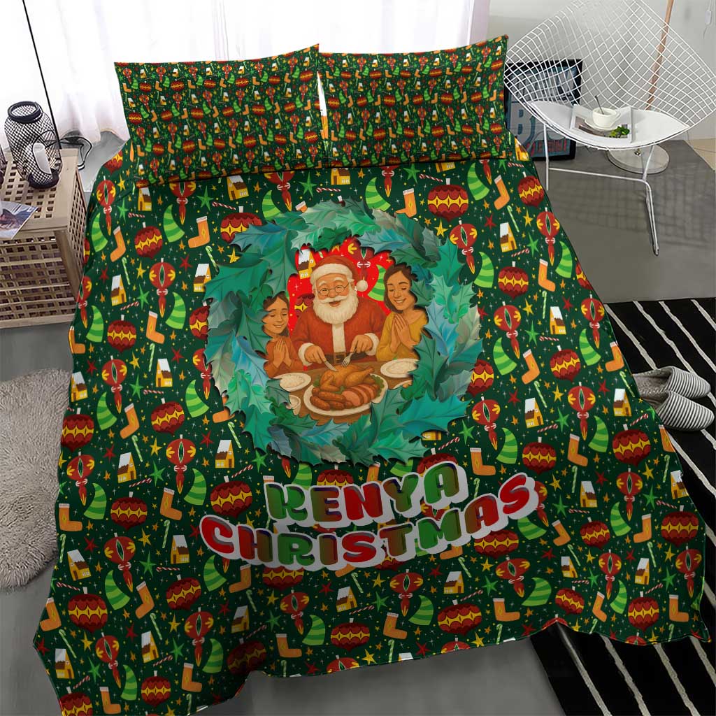 Kenya Christmas Bedding Set Santa Feast Scene and Festive Wreath Pattern - African Pride