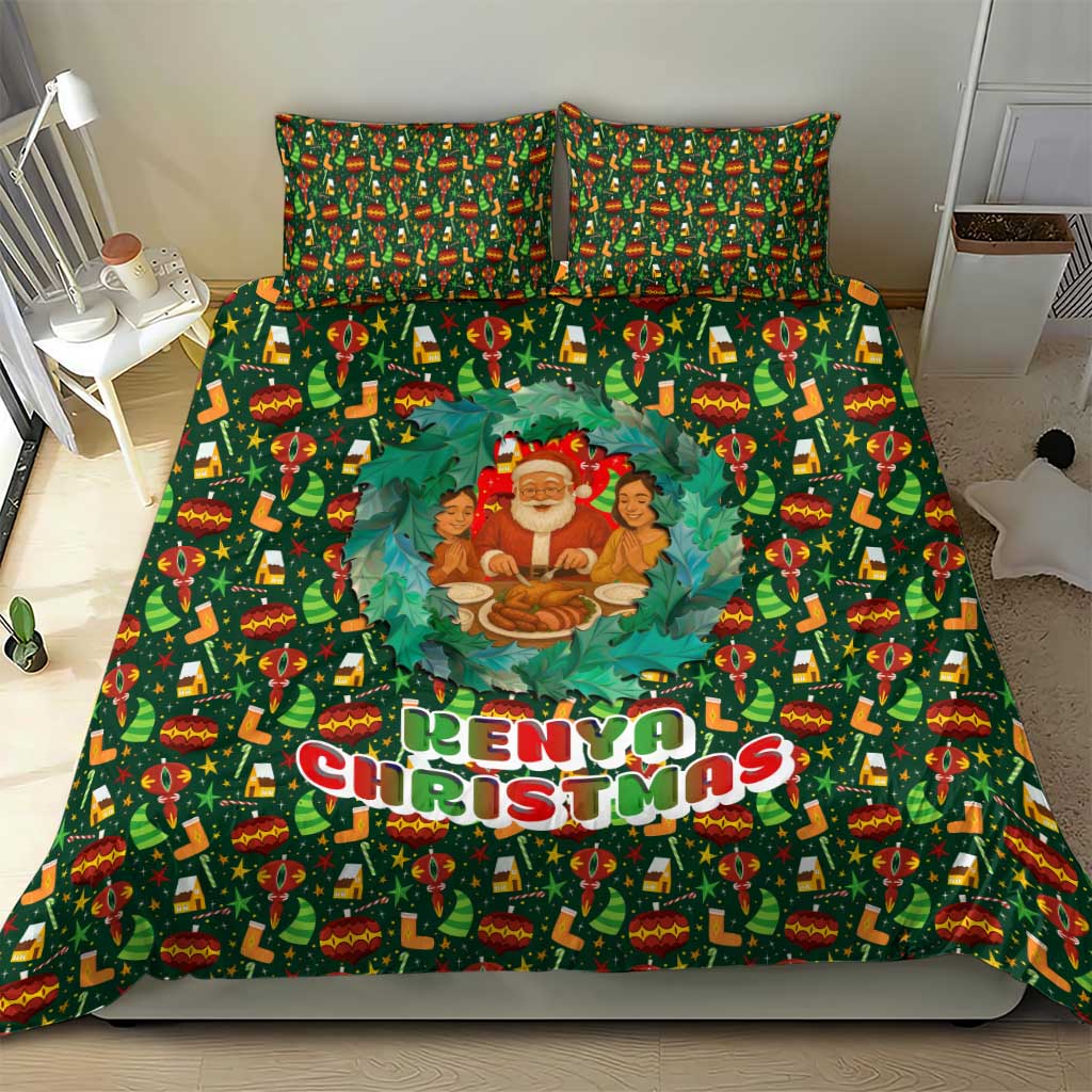 Kenya Christmas Bedding Set Santa Feast Scene and Festive Wreath Pattern - African Pride