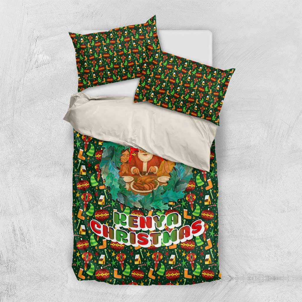 Kenya Christmas Bedding Set Santa Feast Scene and Festive Wreath Pattern - African Pride