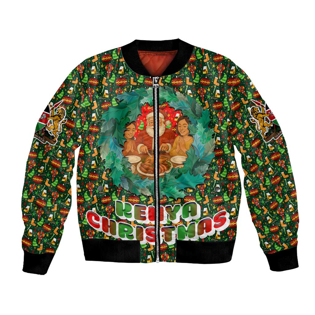 Kenya Christmas Bomber Jacket Santa Feast Scene and Festive Wreath Pattern - African Pride