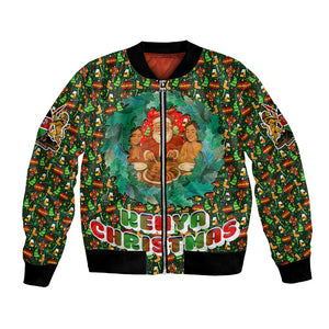 Kenya Christmas Bomber Jacket Santa Feast Scene and Festive Wreath Pattern - African Pride