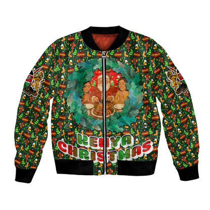 Kenya Christmas Bomber Jacket Santa Feast Scene and Festive Wreath Pattern - African Pride