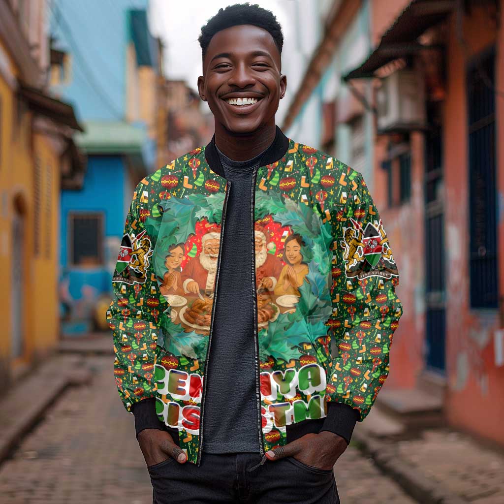 Kenya Christmas Bomber Jacket Santa Feast Scene and Festive Wreath Pattern - African Pride