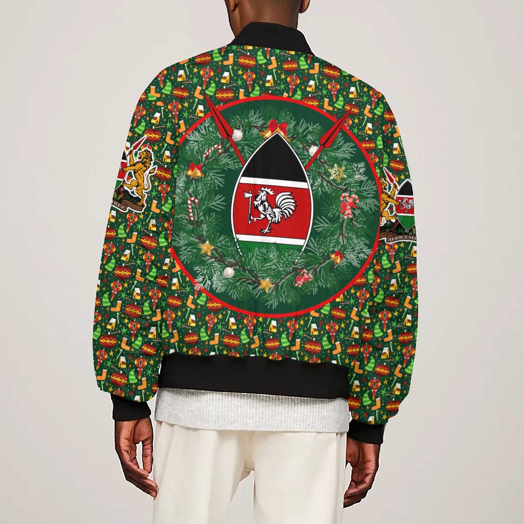 Kenya Christmas Bomber Jacket Santa Feast Scene and Festive Wreath Pattern - African Pride