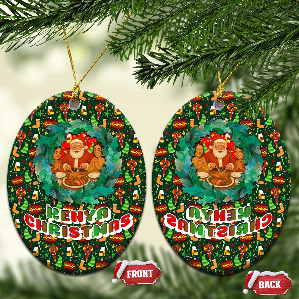 Kenya Christmas Ceramic Ornament Santa Feast Scene and Festive Wreath Pattern - African Pride