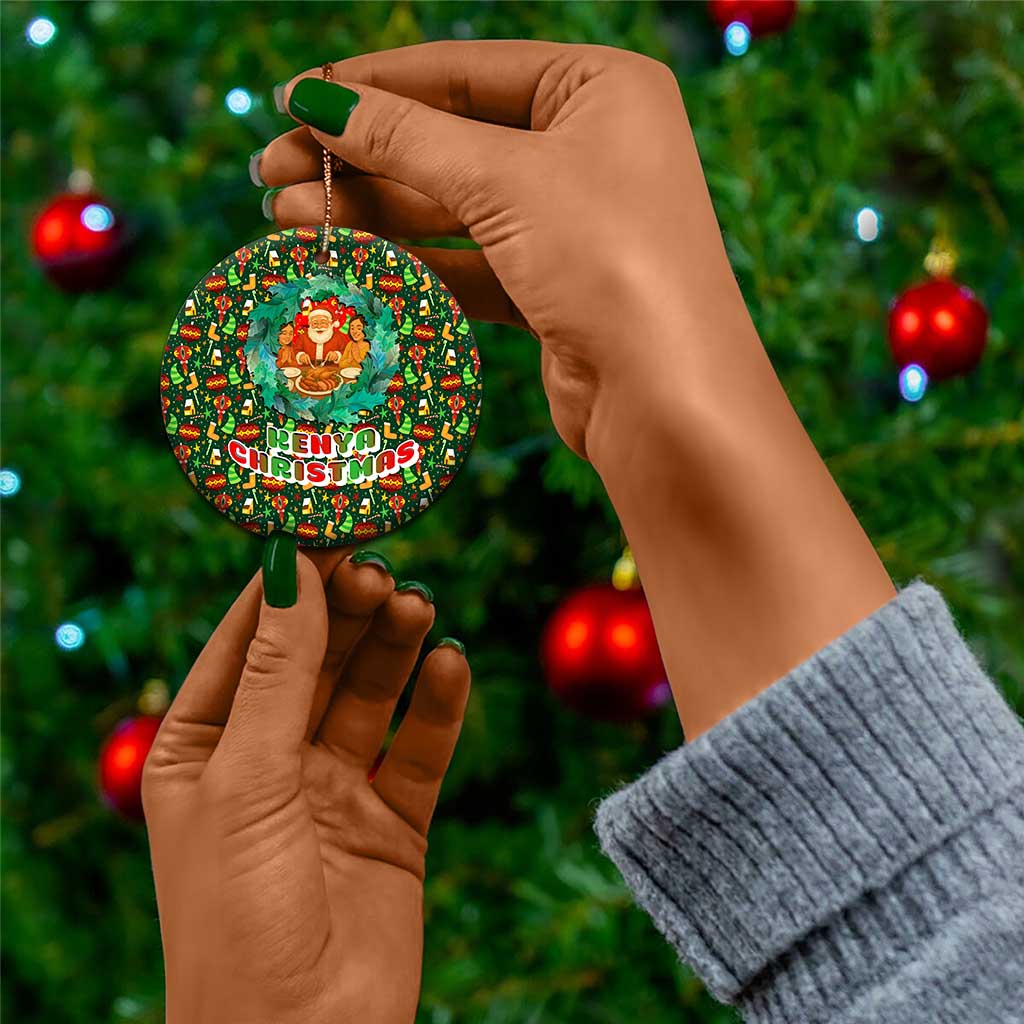 Kenya Christmas Ceramic Ornament Santa Feast Scene and Festive Wreath Pattern - African Pride