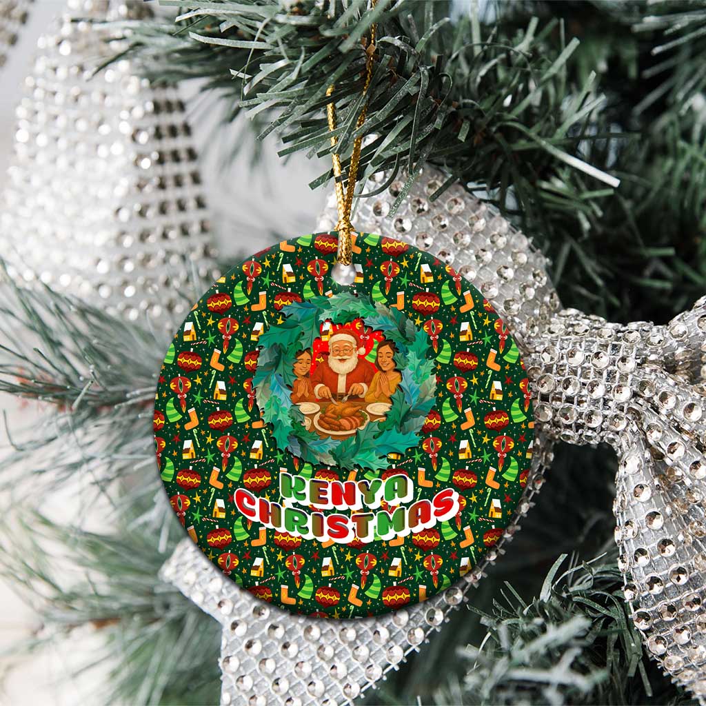 Kenya Christmas Ceramic Ornament Santa Feast Scene and Festive Wreath Pattern - African Pride