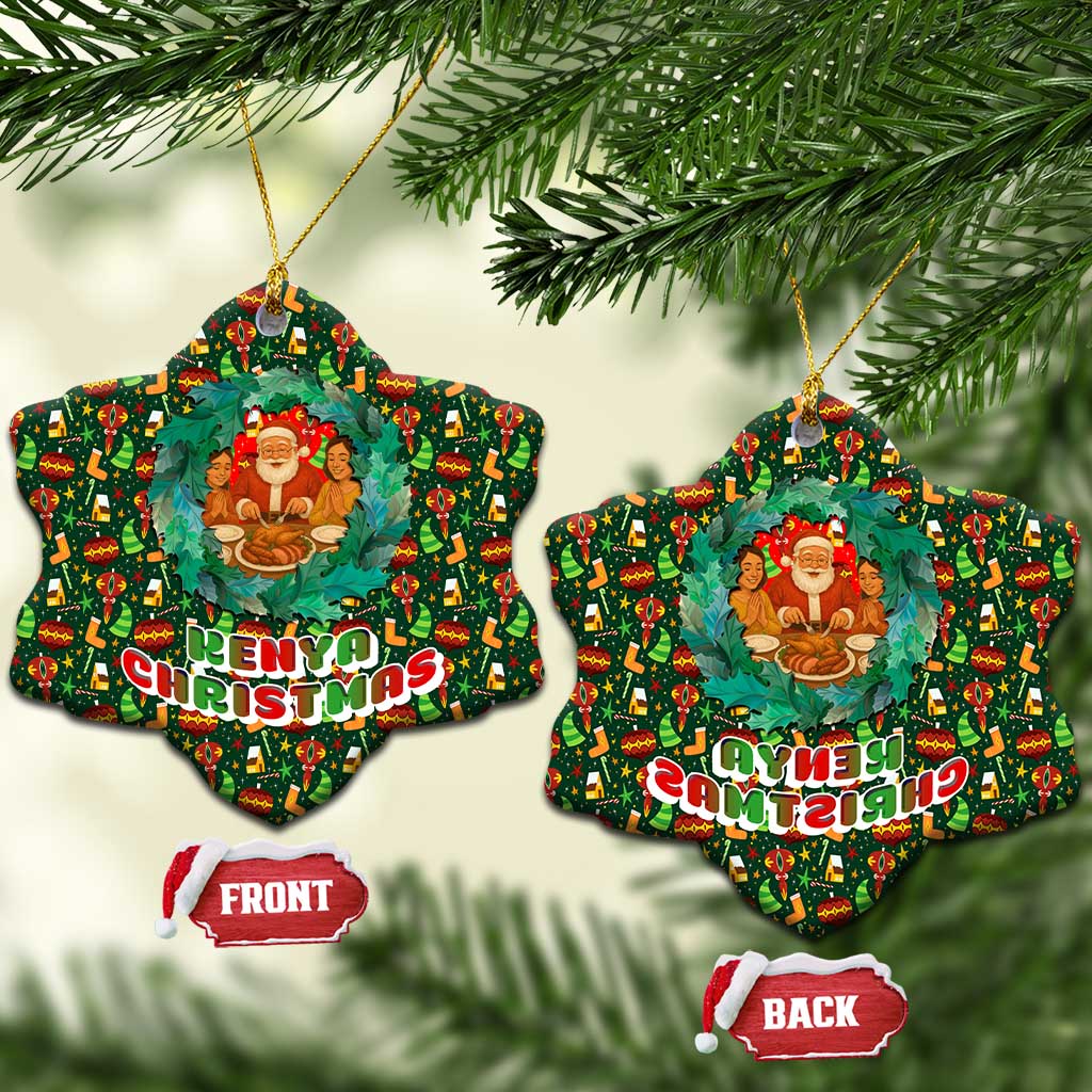 Kenya Christmas Ceramic Ornament Santa Feast Scene and Festive Wreath Pattern - African Pride