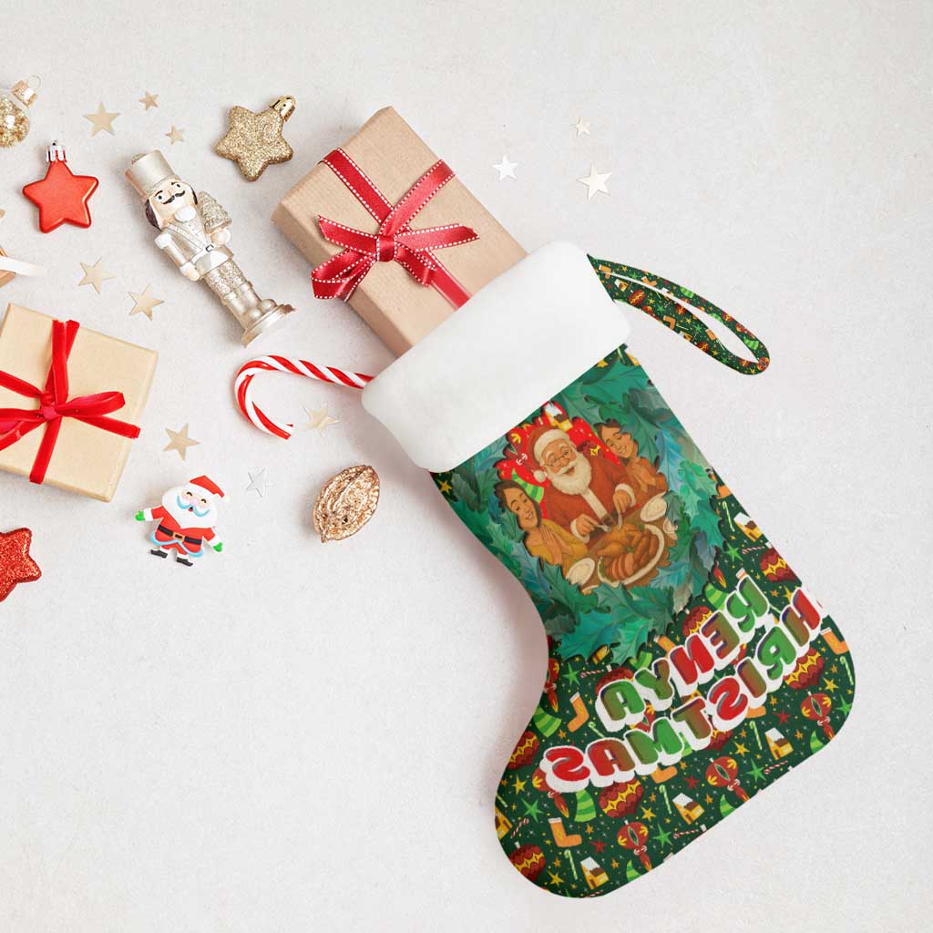 Kenya Christmas Stocking Santa Feast Scene and Festive Wreath Pattern - African Pride