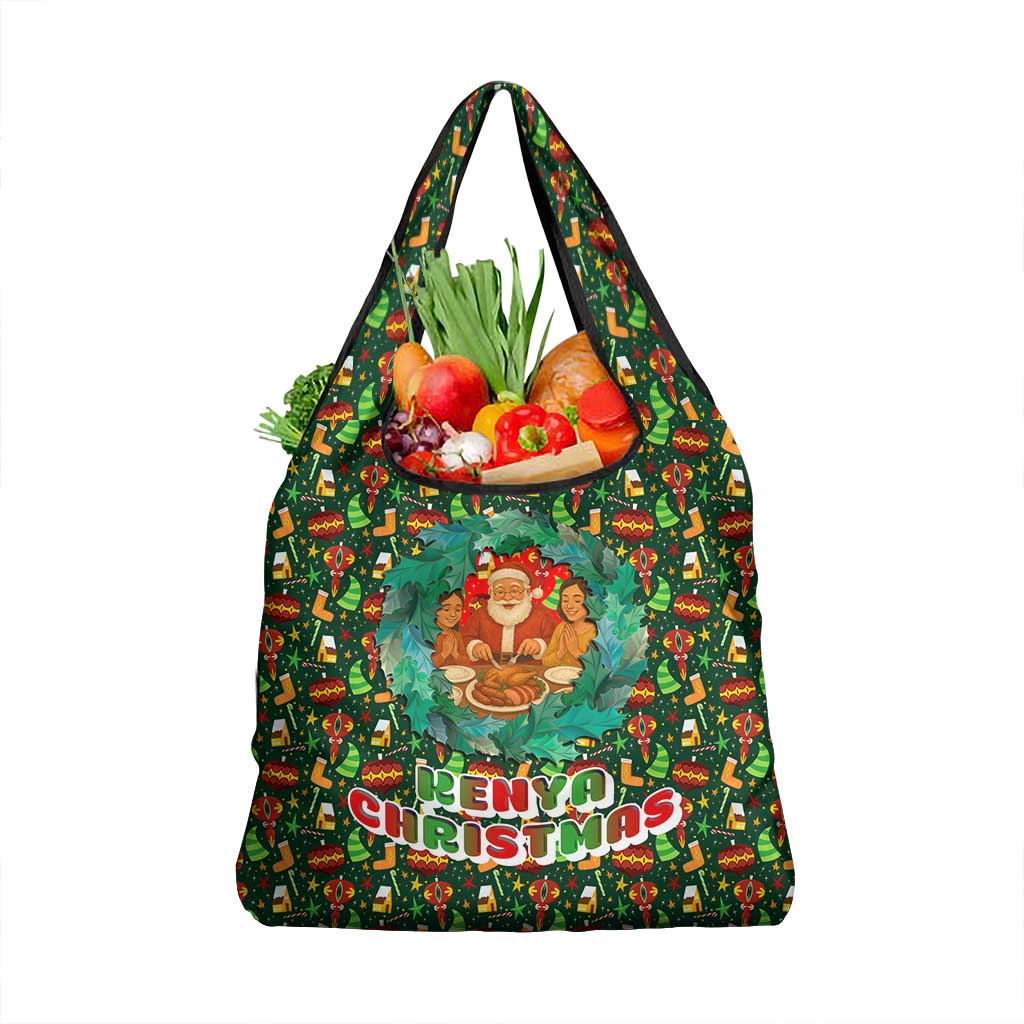 Kenya Christmas Grocery Bag Santa Feast Scene and Festive Wreath Pattern - African Pride