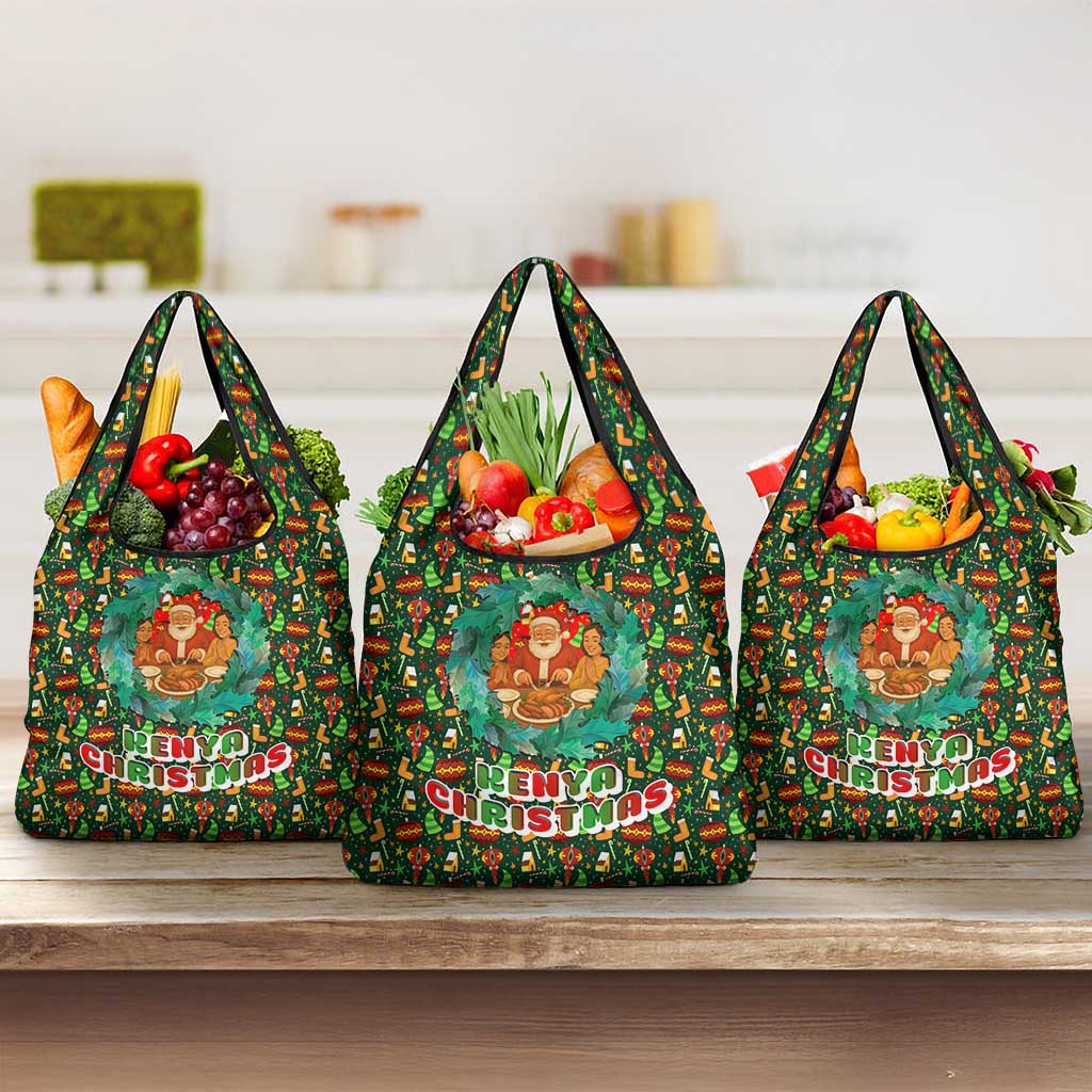 Kenya Christmas Grocery Bag Santa Feast Scene and Festive Wreath Pattern - African Pride