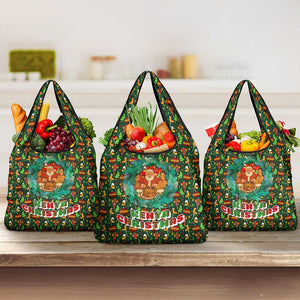 Kenya Christmas Grocery Bag Santa Feast Scene and Festive Wreath Pattern - African Pride