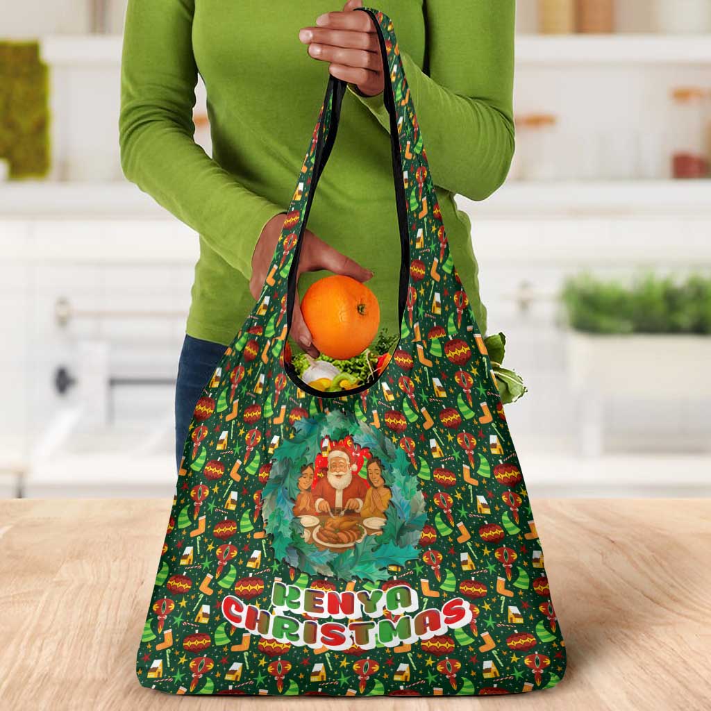 Kenya Christmas Grocery Bag Santa Feast Scene and Festive Wreath Pattern - African Pride