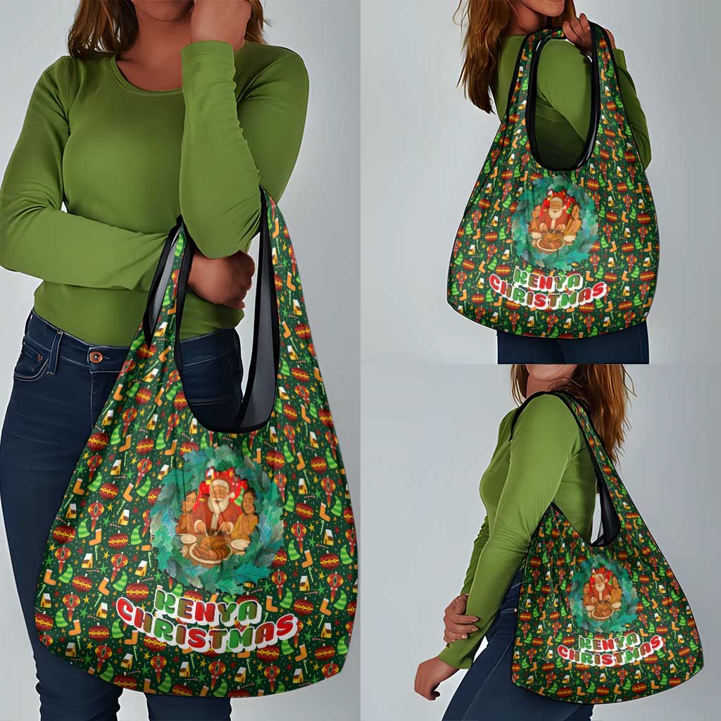 Kenya Christmas Grocery Bag Santa Feast Scene and Festive Wreath Pattern - African Pride