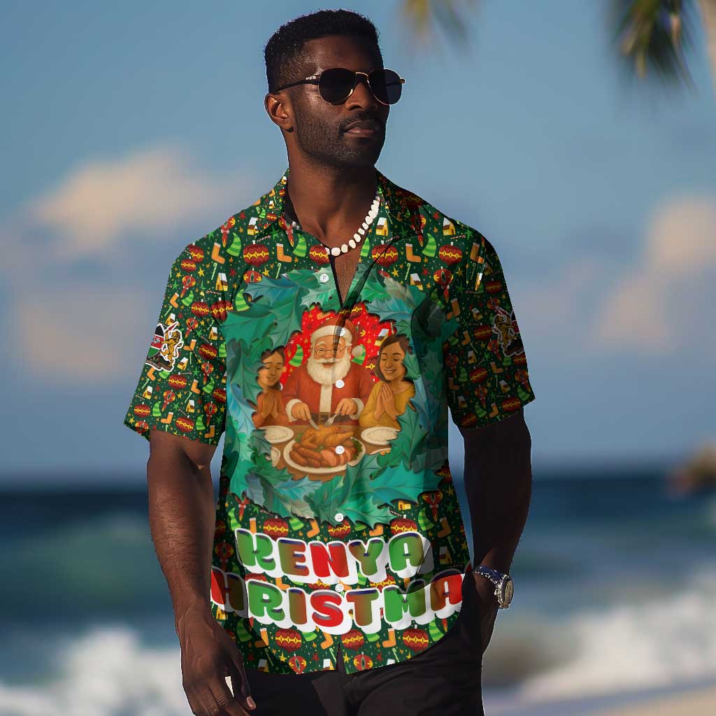 Kenya Christmas Hawaiian Shirt Santa Feast Scene and Festive Wreath Pattern - African Pride