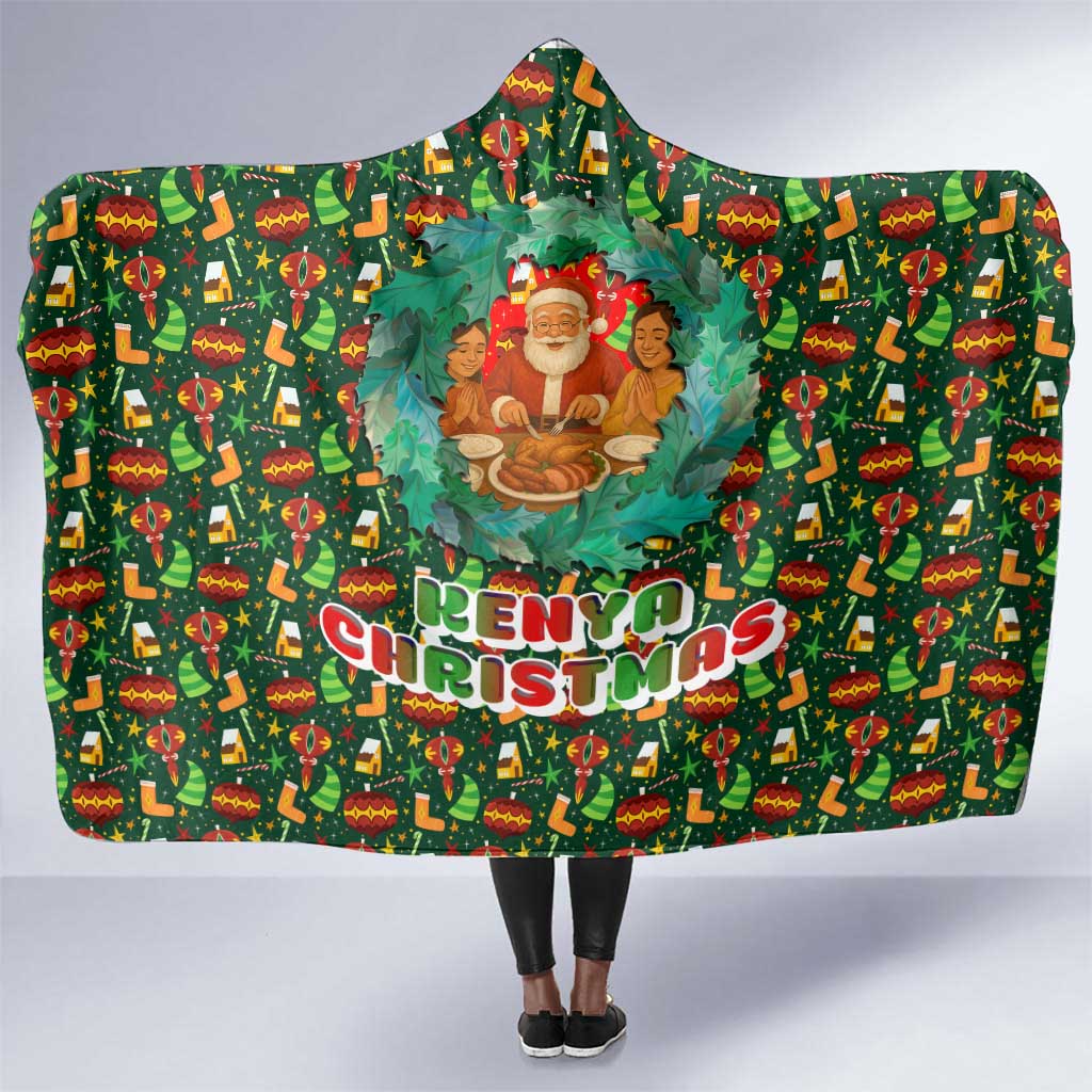 Kenya Christmas Hooded Blanket Santa Feast Scene and Festive Wreath Pattern - African Pride