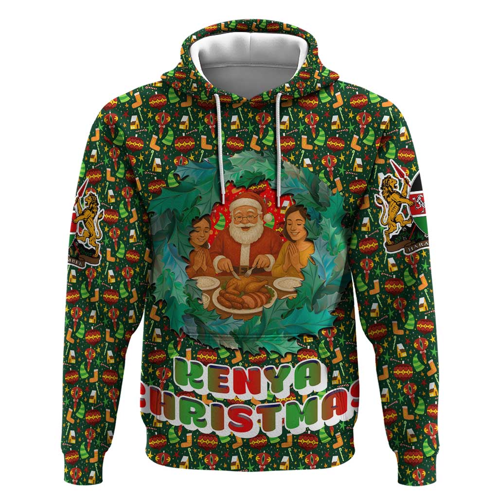 Kenya Christmas Hoodie Santa Feast Scene and Festive Wreath Pattern - African Pride