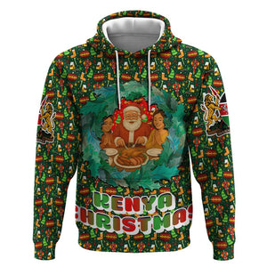 Kenya Christmas Hoodie Santa Feast Scene and Festive Wreath Pattern - African Pride