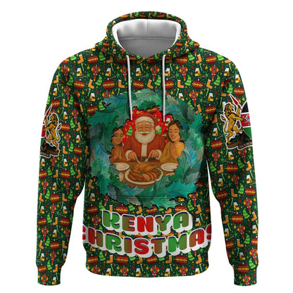 Kenya Christmas Hoodie Santa Feast Scene and Festive Wreath Pattern - African Pride