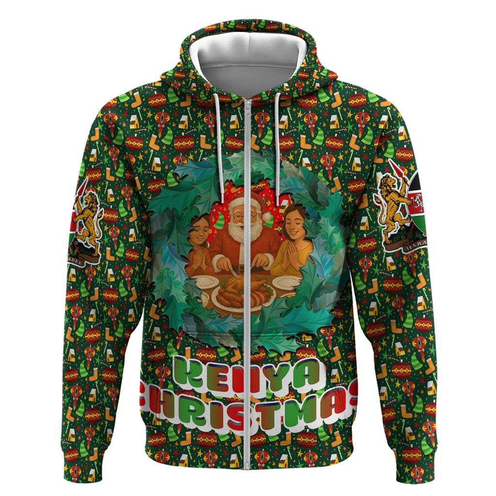 Kenya Christmas Hoodie Santa Feast Scene and Festive Wreath Pattern - African Pride