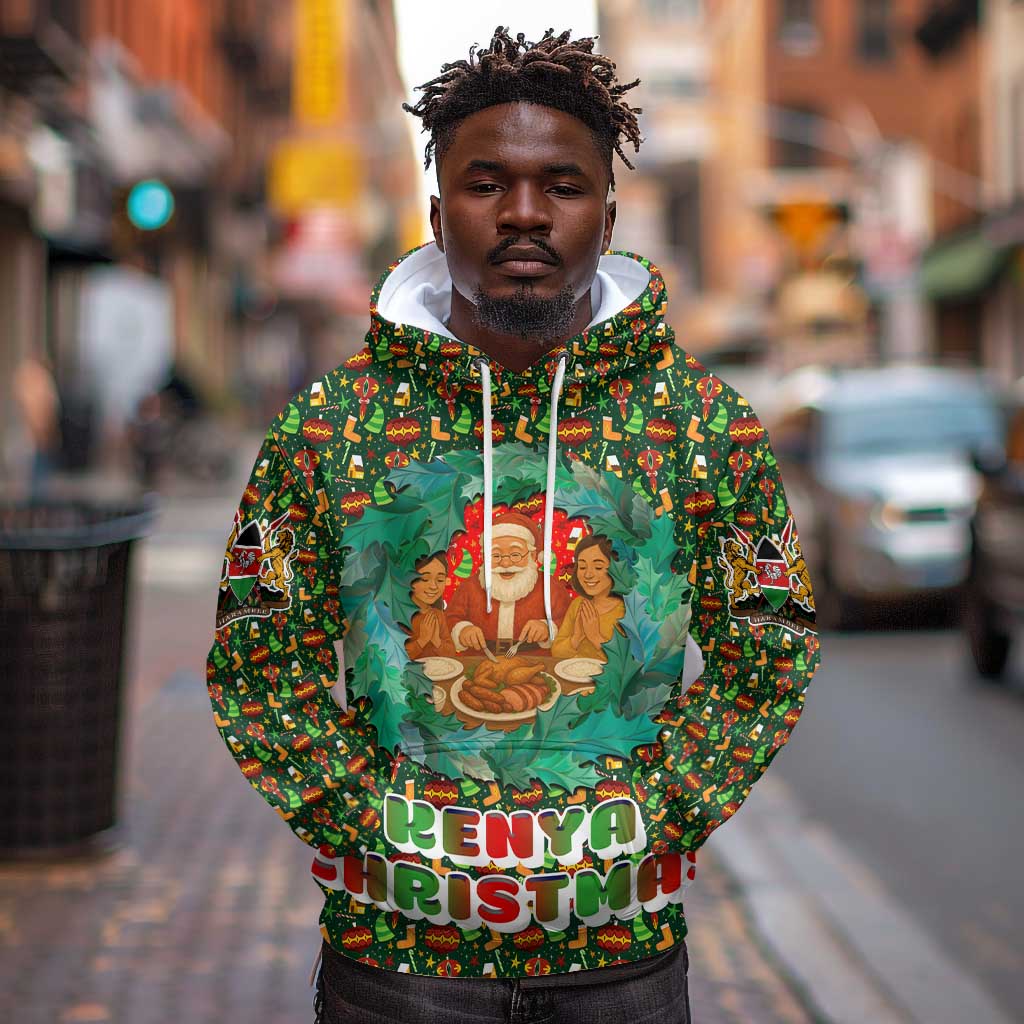 Kenya Christmas Hoodie Santa Feast Scene and Festive Wreath Pattern - African Pride