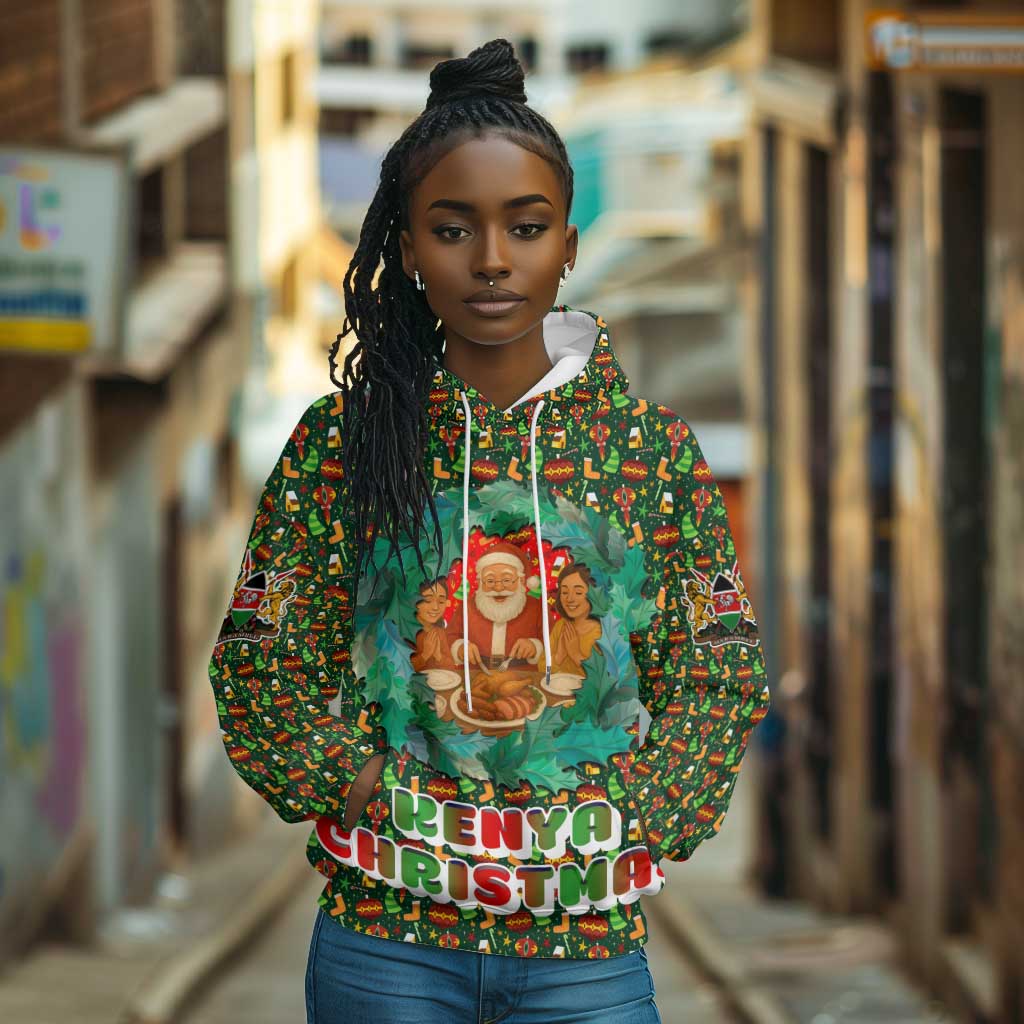 Kenya Christmas Hoodie Santa Feast Scene and Festive Wreath Pattern - African Pride