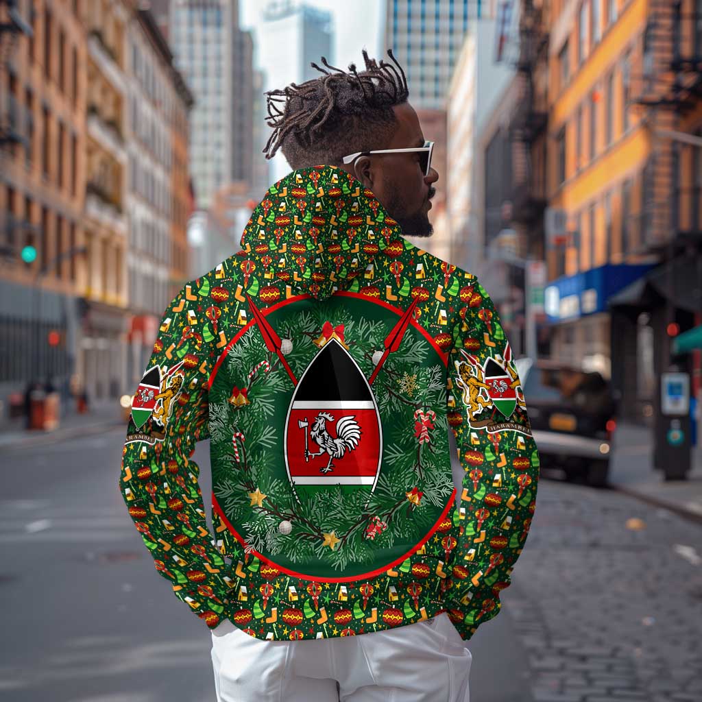 Kenya Christmas Hoodie Santa Feast Scene and Festive Wreath Pattern - African Pride