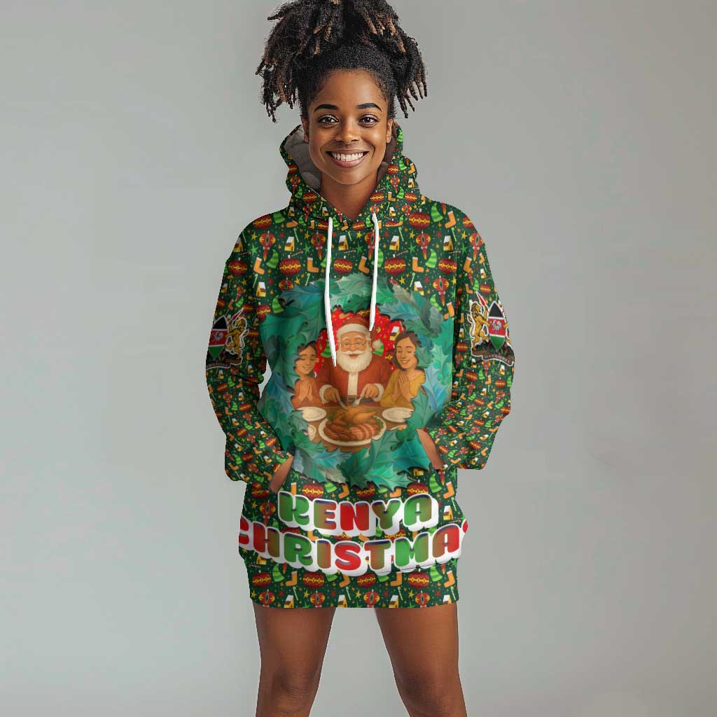 Kenya Christmas Hoodie Dress Santa Feast Scene and Festive Wreath Pattern - African Pride
