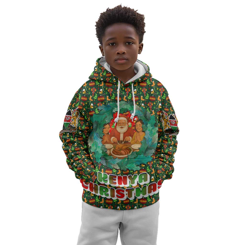 Kenya Christmas Kid Hoodie Santa Feast Scene and Festive Wreath Pattern - African Pride
