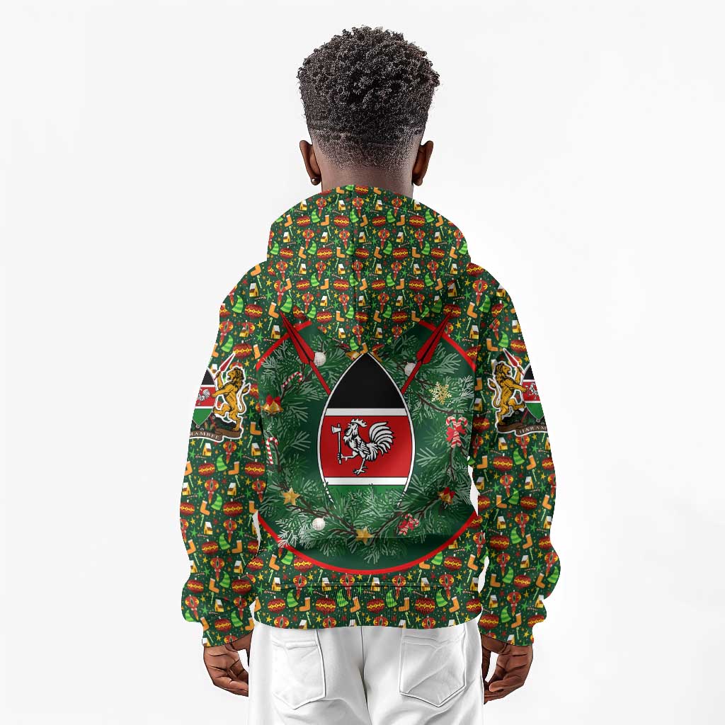 Kenya Christmas Kid Hoodie Santa Feast Scene and Festive Wreath Pattern - African Pride
