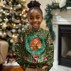 Kenya Christmas Kid Ugly Christmas Sweater Santa Feast Scene and Festive Wreath Pattern - African Pride