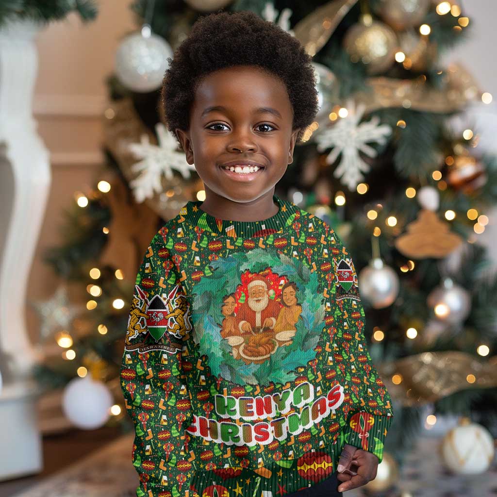 Kenya Christmas Kid Ugly Christmas Sweater Santa Feast Scene and Festive Wreath Pattern - African Pride