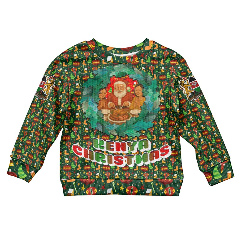 Kenya Christmas Kid Ugly Christmas Sweater Santa Feast Scene and Festive Wreath Pattern - African Pride