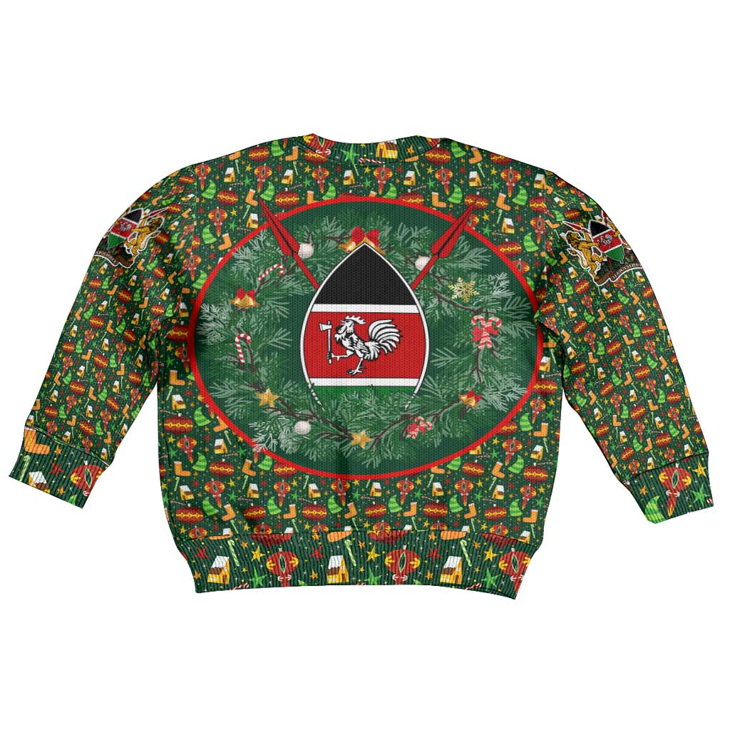 Kenya Christmas Kid Ugly Christmas Sweater Santa Feast Scene and Festive Wreath Pattern - African Pride