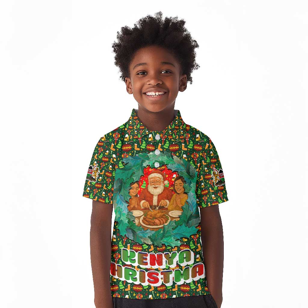 Kenya Christmas Kid Polo Shirt Santa Feast Scene and Festive Wreath Pattern - African Pride