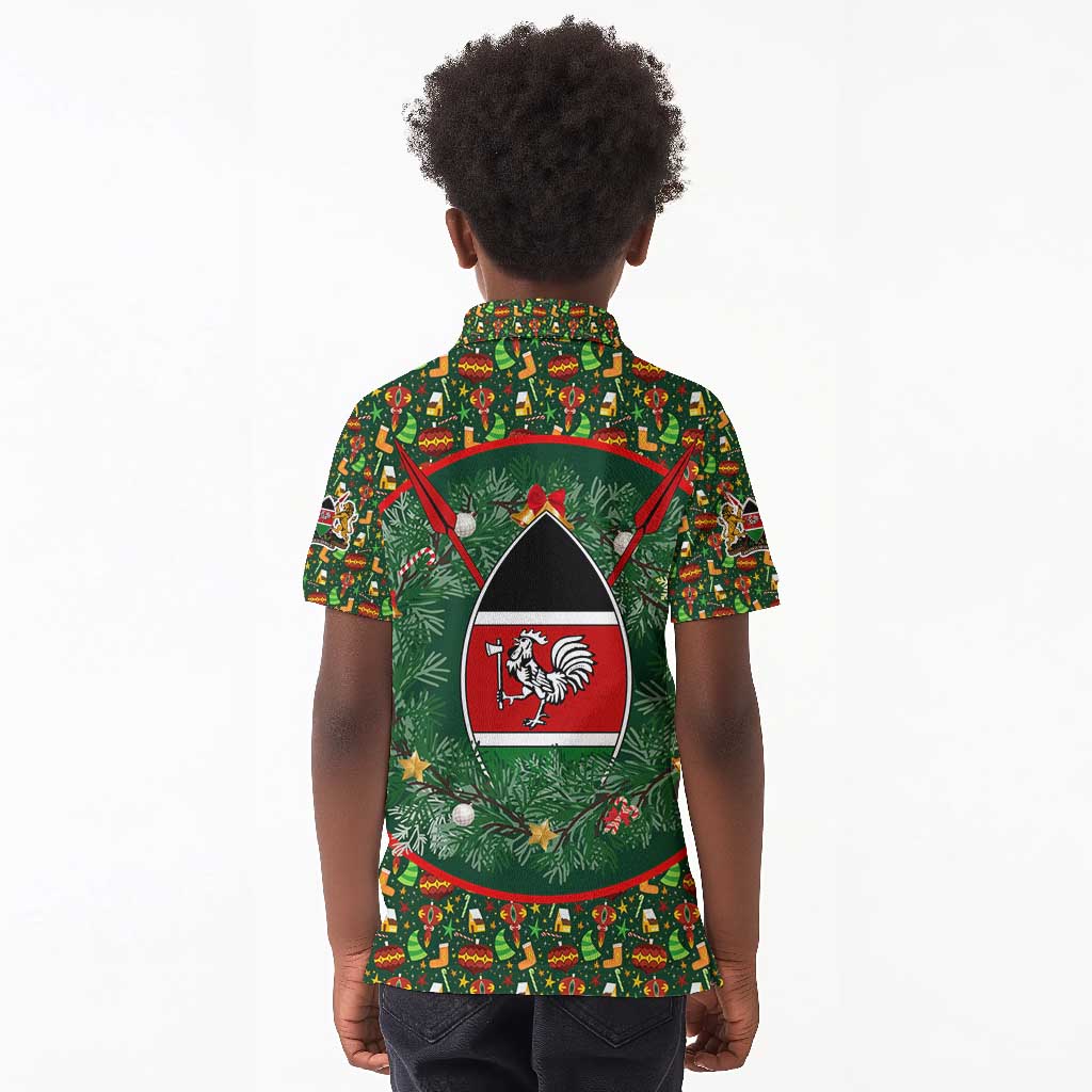 Kenya Christmas Kid Polo Shirt Santa Feast Scene and Festive Wreath Pattern - African Pride