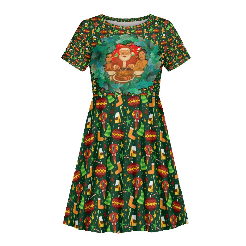 Kenya Christmas Kid Short Sleeve Dress Santa Feast Scene and Festive Wreath Pattern - African Pride
