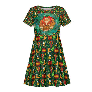 Kenya Christmas Kid Short Sleeve Dress Santa Feast Scene and Festive Wreath Pattern - African Pride