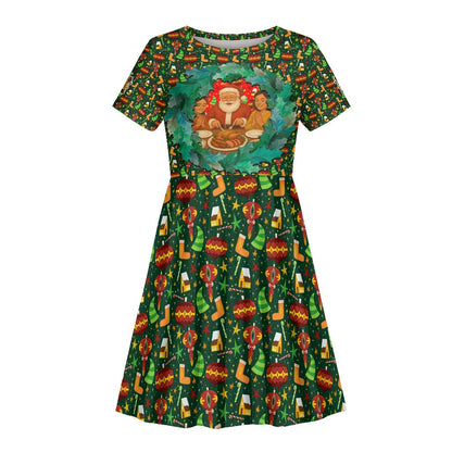 Kenya Christmas Kid Short Sleeve Dress Santa Feast Scene and Festive Wreath Pattern - African Pride