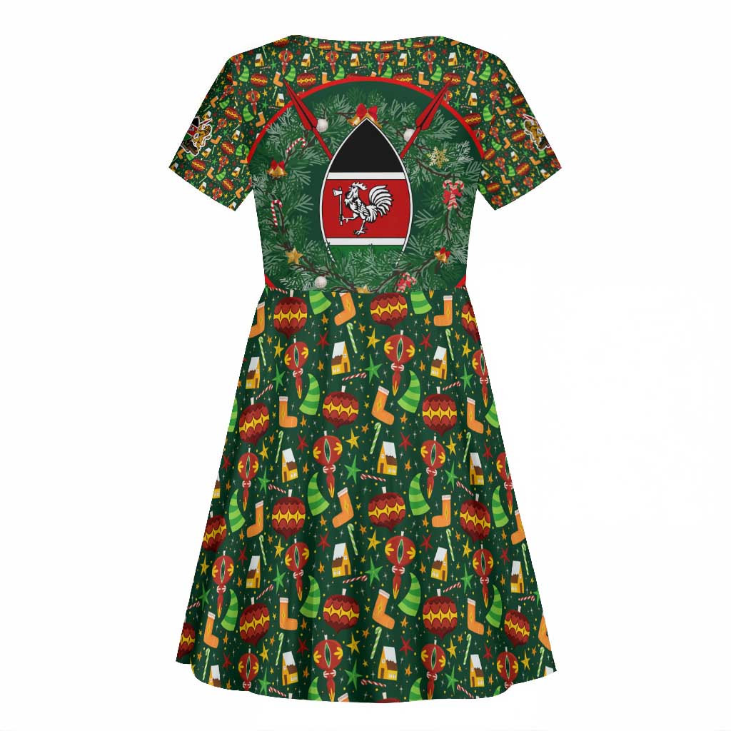 Kenya Christmas Kid Short Sleeve Dress Santa Feast Scene and Festive Wreath Pattern - African Pride