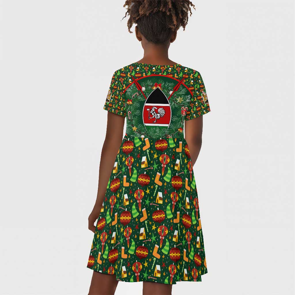 Kenya Christmas Kid Short Sleeve Dress Santa Feast Scene and Festive Wreath Pattern - African Pride