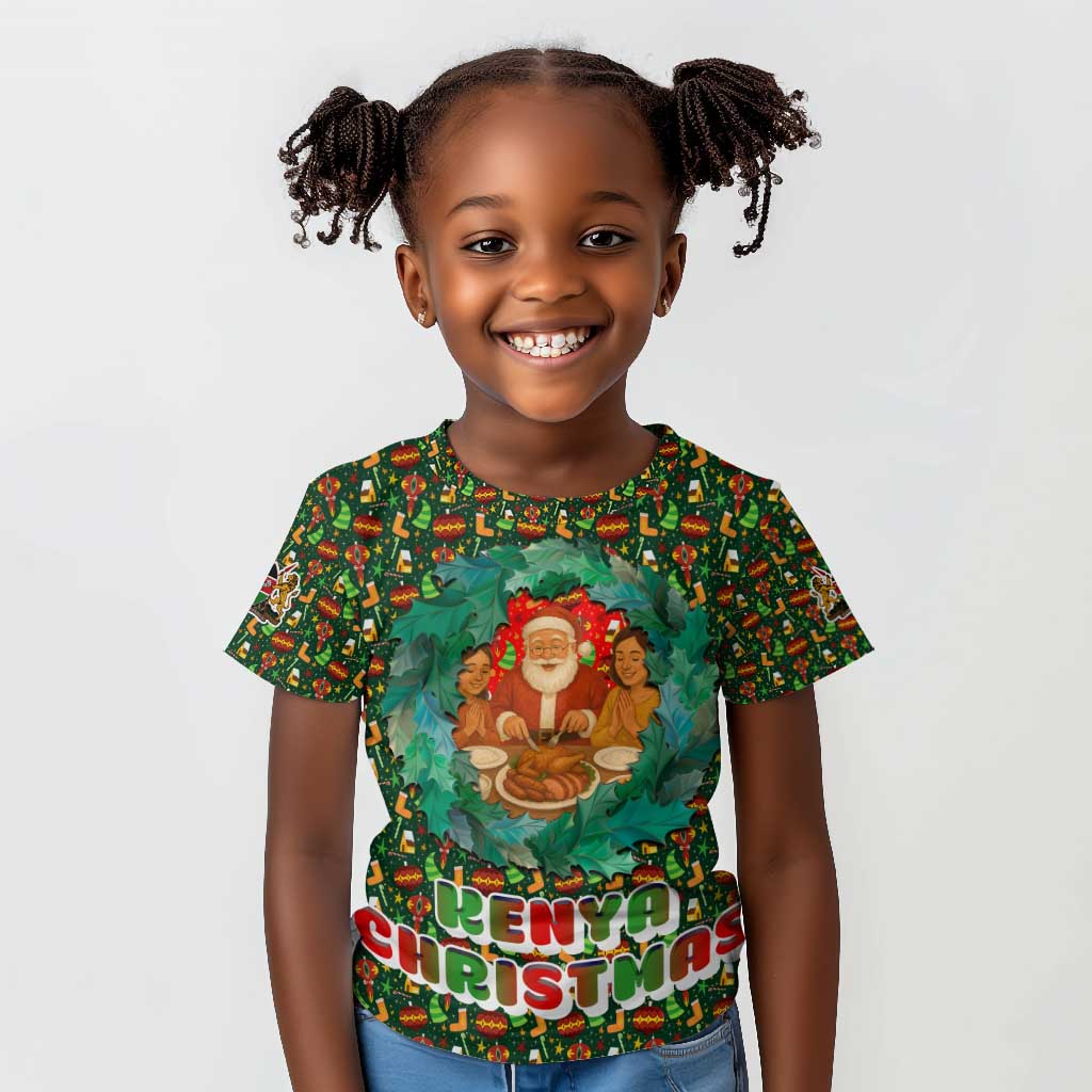 Kenya Christmas Kid T shirt Santa Feast Scene and Festive Wreath Pattern - African Pride