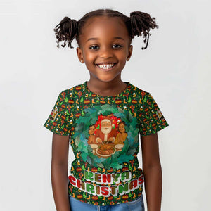 Kenya Christmas Kid T shirt Santa Feast Scene and Festive Wreath Pattern - African Pride
