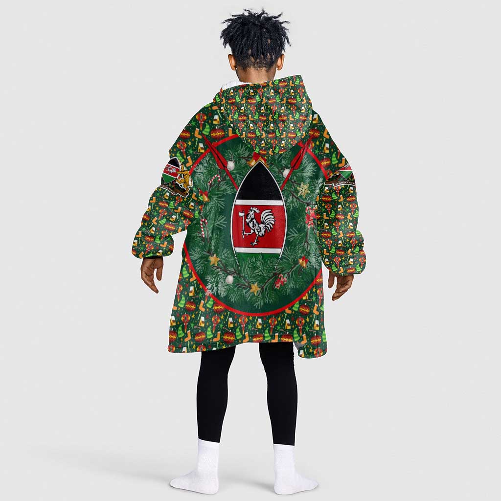 Kenya Christmas Kid Wearable Blanket Hoodie Santa Feast Scene and Festive Wreath Pattern - African Pride