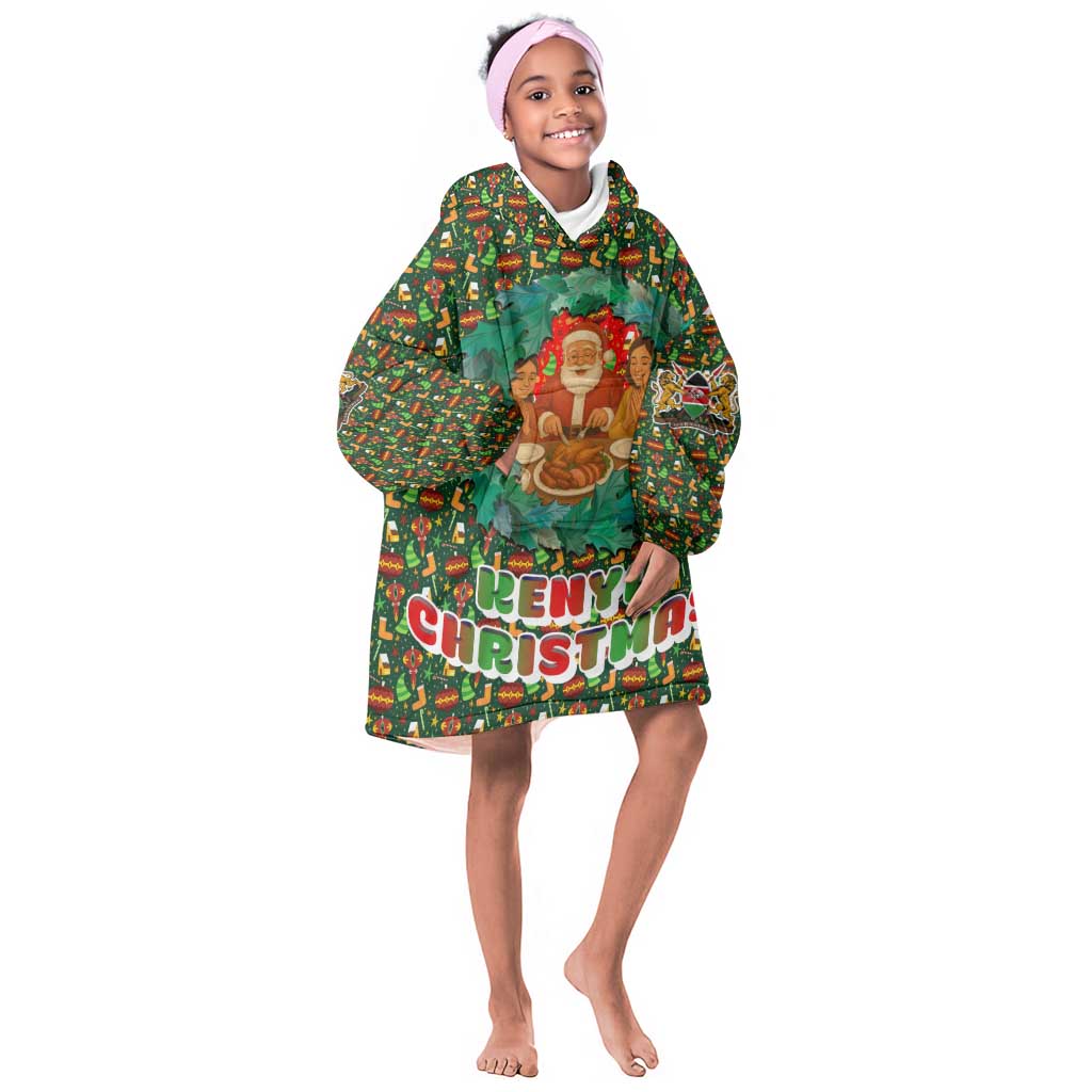 Kenya Christmas Kid Wearable Blanket Hoodie Santa Feast Scene and Festive Wreath Pattern - African Pride