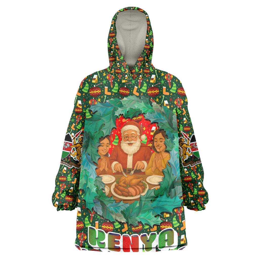 Kenya Christmas Kid Wearable Blanket Hoodie Santa Feast Scene and Festive Wreath Pattern - African Pride